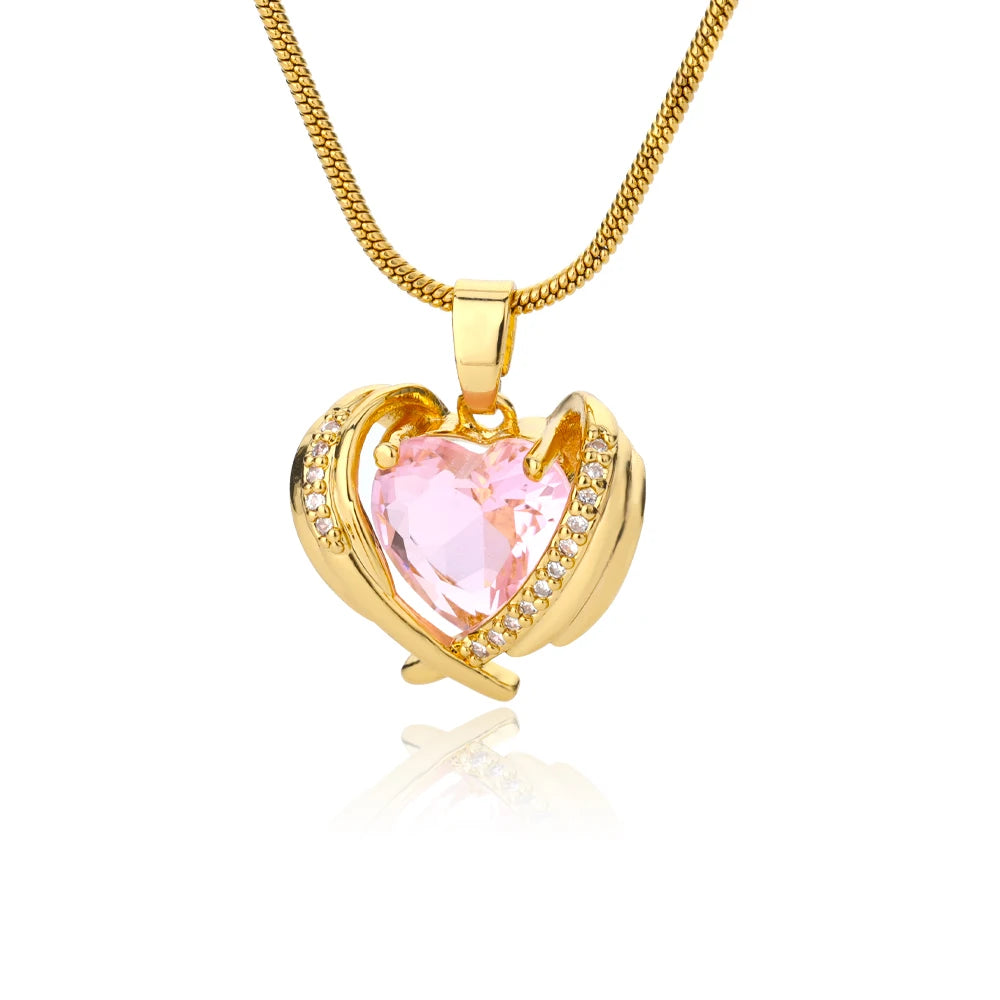 Bohemia Pink Cubic Zirconia Necklace for Women Stainless Steel Heart Wings Pendant Necklaces Crystal Choker Couple Jewerly Gift