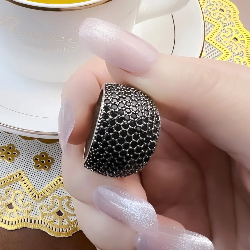 Black Pave Cocktail Ring Europe Style Fine Jewerly for Women Men 2022 Spring Vintage 925 Sterling Silver Gift