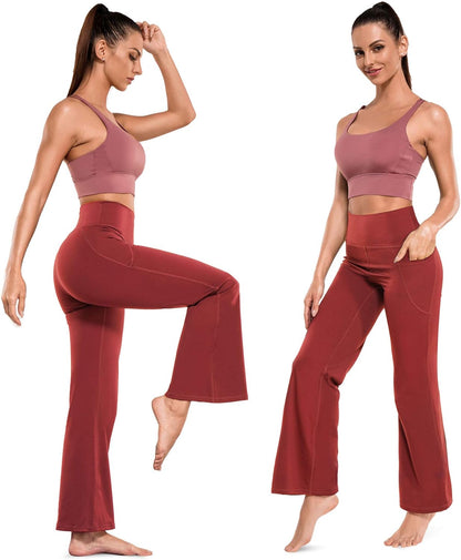 Women Bootcut Yoga Pants with Pockets Flared Leggings High Waisted Bootleg Workout Casual Lounge Sweatpants (Small, Red)