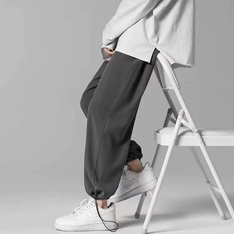 Korean Summer Silk Feel Straight Long Pants Men 2021 Thin Light-Weight Wild Leg Trousers Solid Color Men'S Clothing